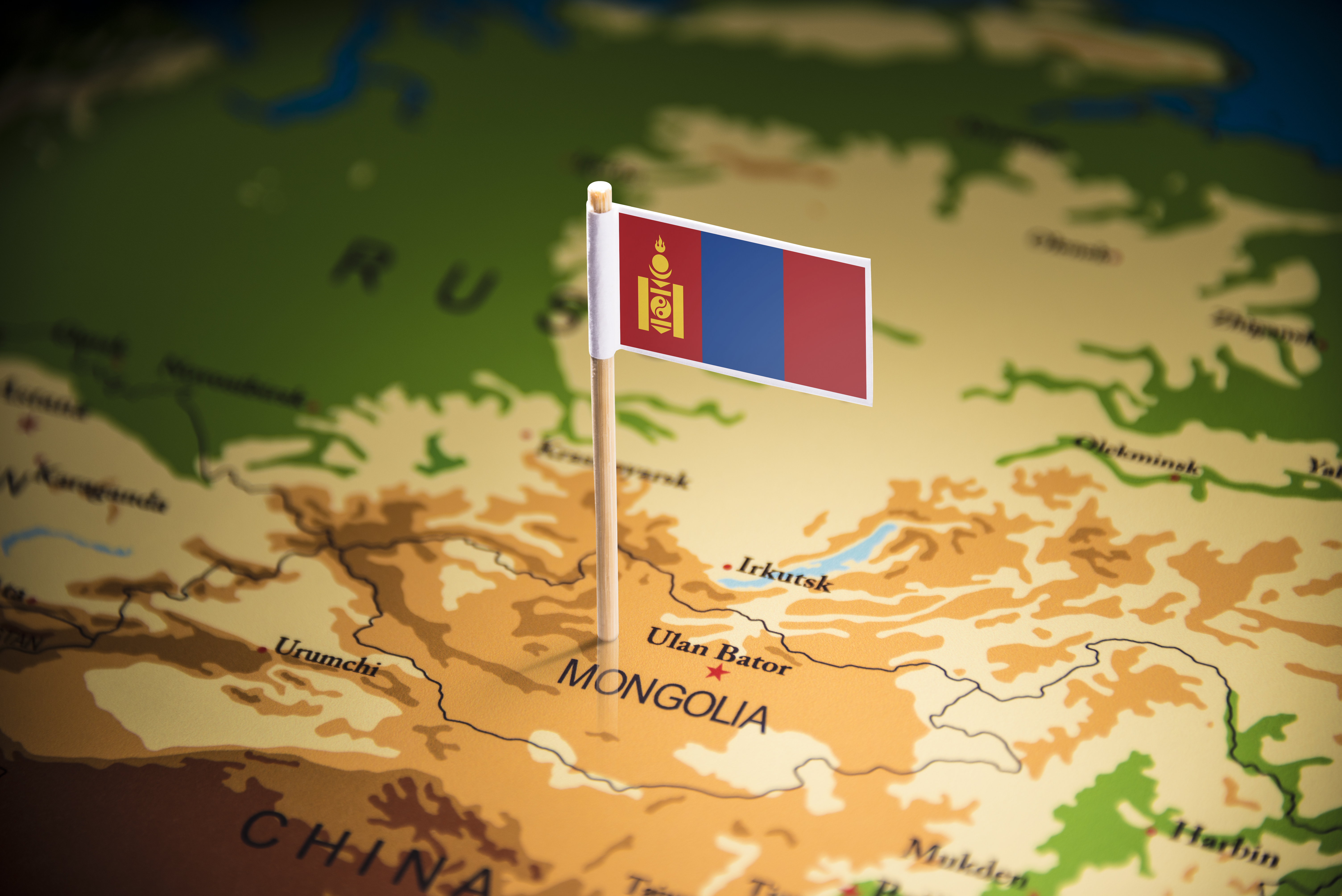 Mongolian flag on map marking Ulan Bator with surrounding geography and neighboring regions