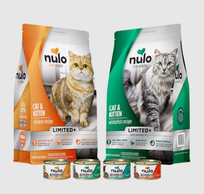 Nulo Freestyle cat and kitten food packaging in chicken and whitefish recipes with canned wet food products