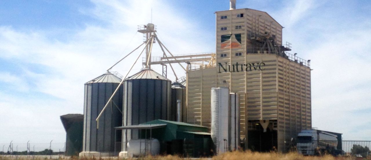 Nutrave grain elevator facility with large cylindrical silos and tan metal building structure against blue sky