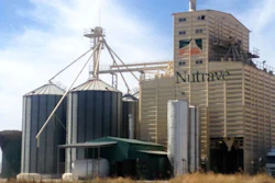 Nutrave grain elevator facility with large cylindrical silos and tan metal building structure against blue sky
