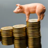 Piggy bank figurine standing on stacked gold coins in ascending columns against gray background