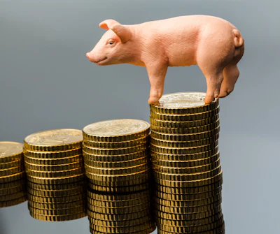 Piggy bank figurine standing on stacked gold coins in ascending columns against gray background
