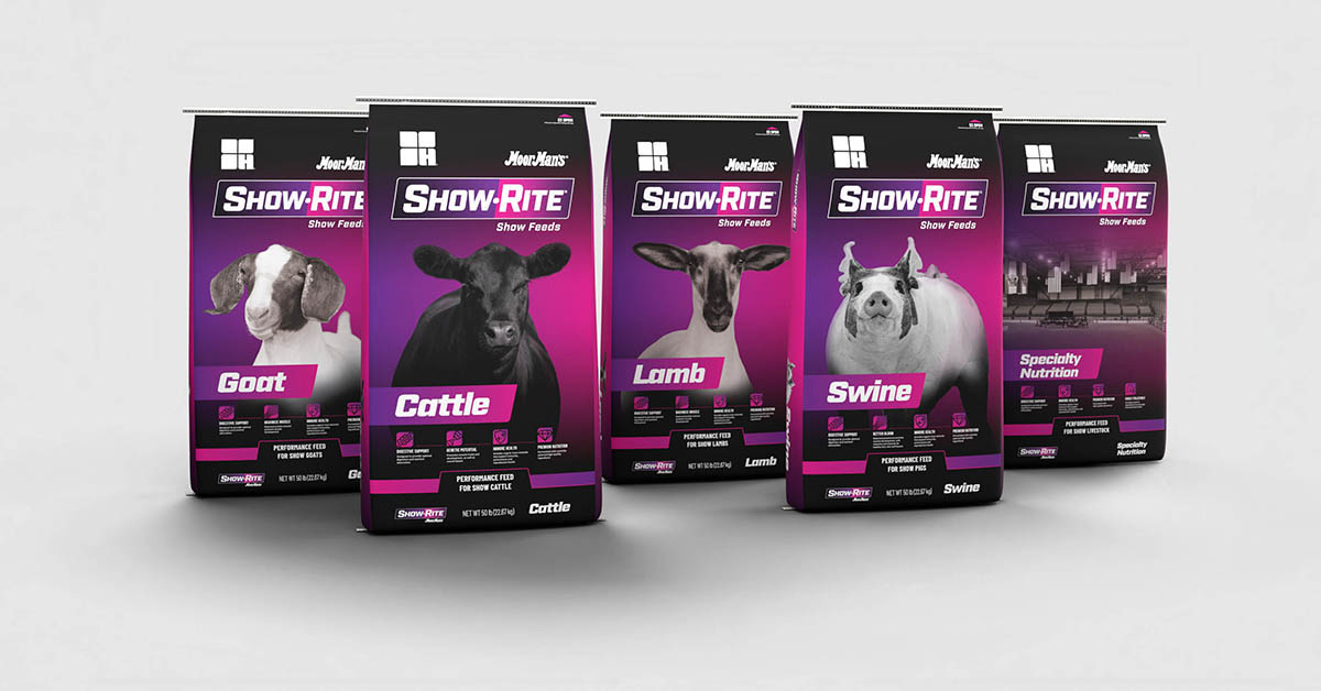 Show-Rite livestock feed bags for goat, cattle, lamb, swine and performance formulas displayed in a row