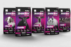 Show-Rite livestock feed bags for goat, cattle, lamb, swine and performance formulas displayed in a row