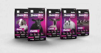 Show-Rite livestock feed bags for goat, cattle, lamb, swine and performance formulas displayed in a row