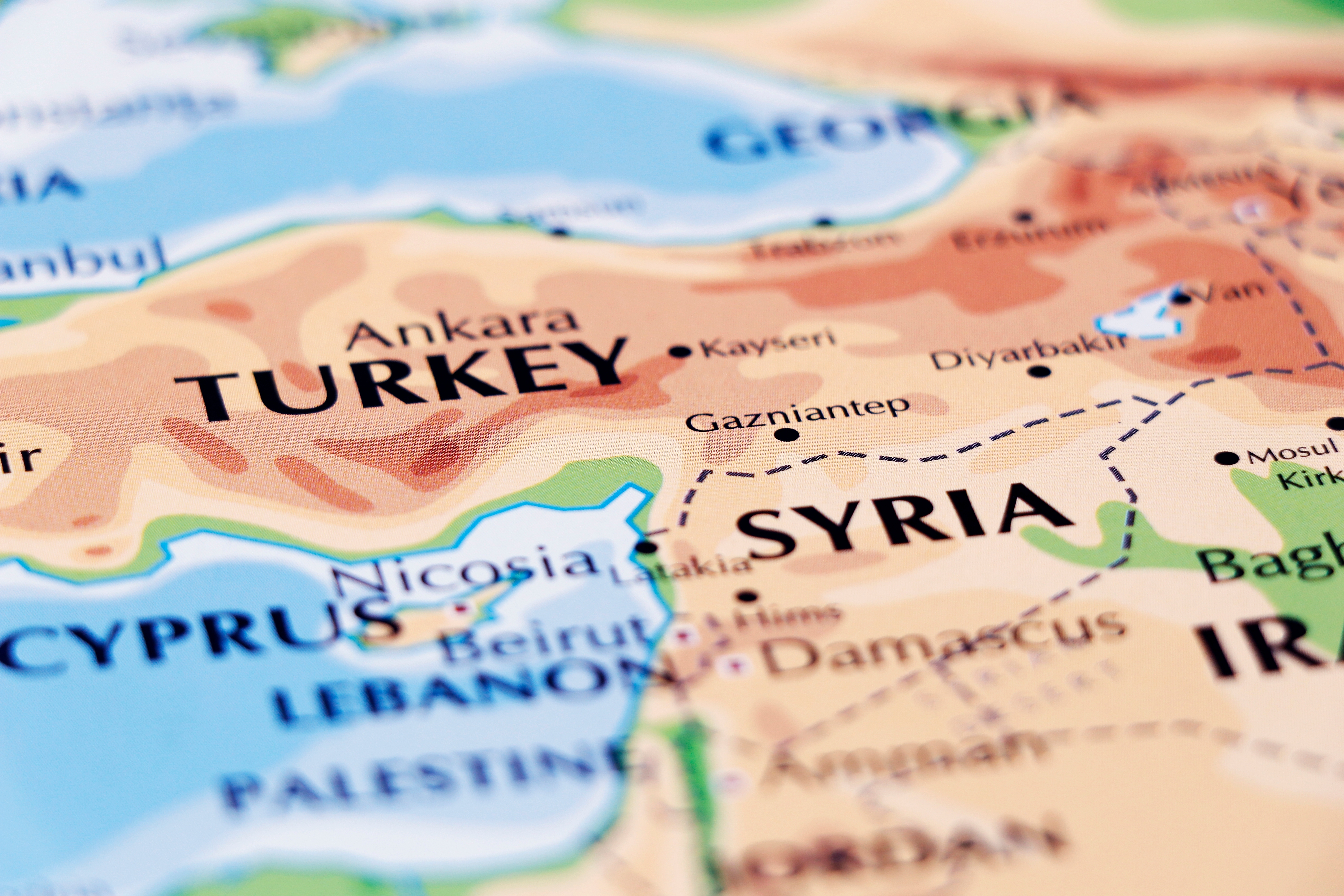 Political map of Middle East showing Turkey, Syria, Cyprus, Lebanon, Palestine, and Iraq with borders and major cities labeled