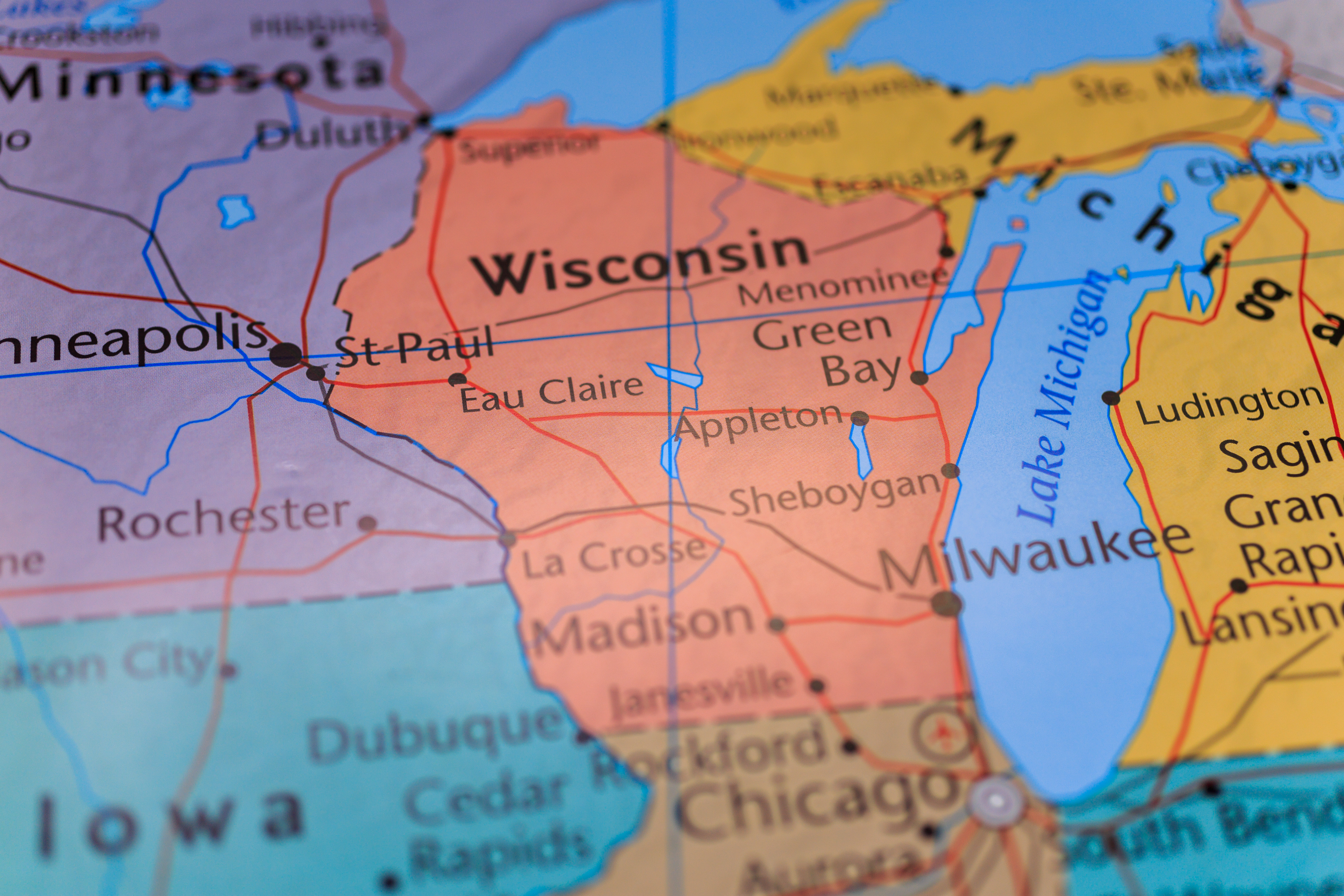 Midwest United States map showing Wisconsin and neighboring states with city labels and geographical boundaries