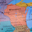 Midwest United States map showing Wisconsin and neighboring states with city labels and geographical boundaries